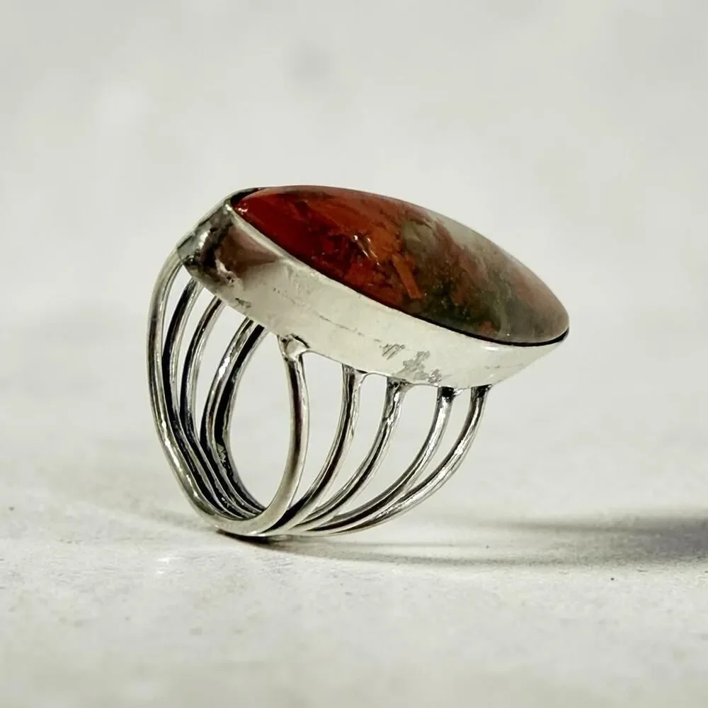 Marquise Red Jasper Ring 925 Silver Plated Boho Statement Ring Size 8